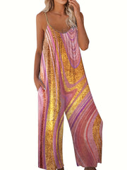 Marble Print Round Neck Wide Leg Cami Jumpsuit