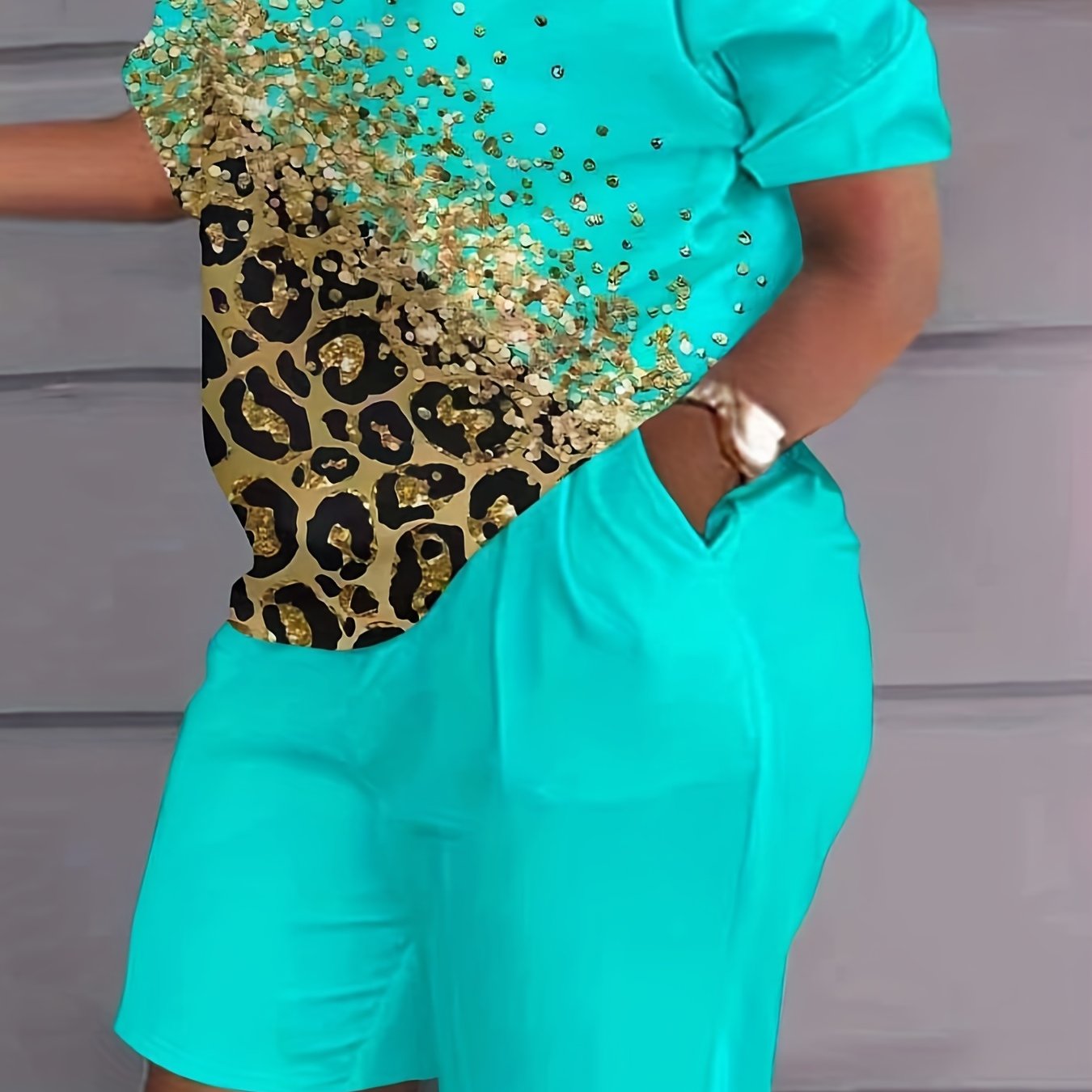  Glitter Leopard Print 2 Piece Set Round Neck Top & Shorts