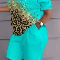  Glitter Leopard Print 2 Piece Set Round Neck Top & Shorts