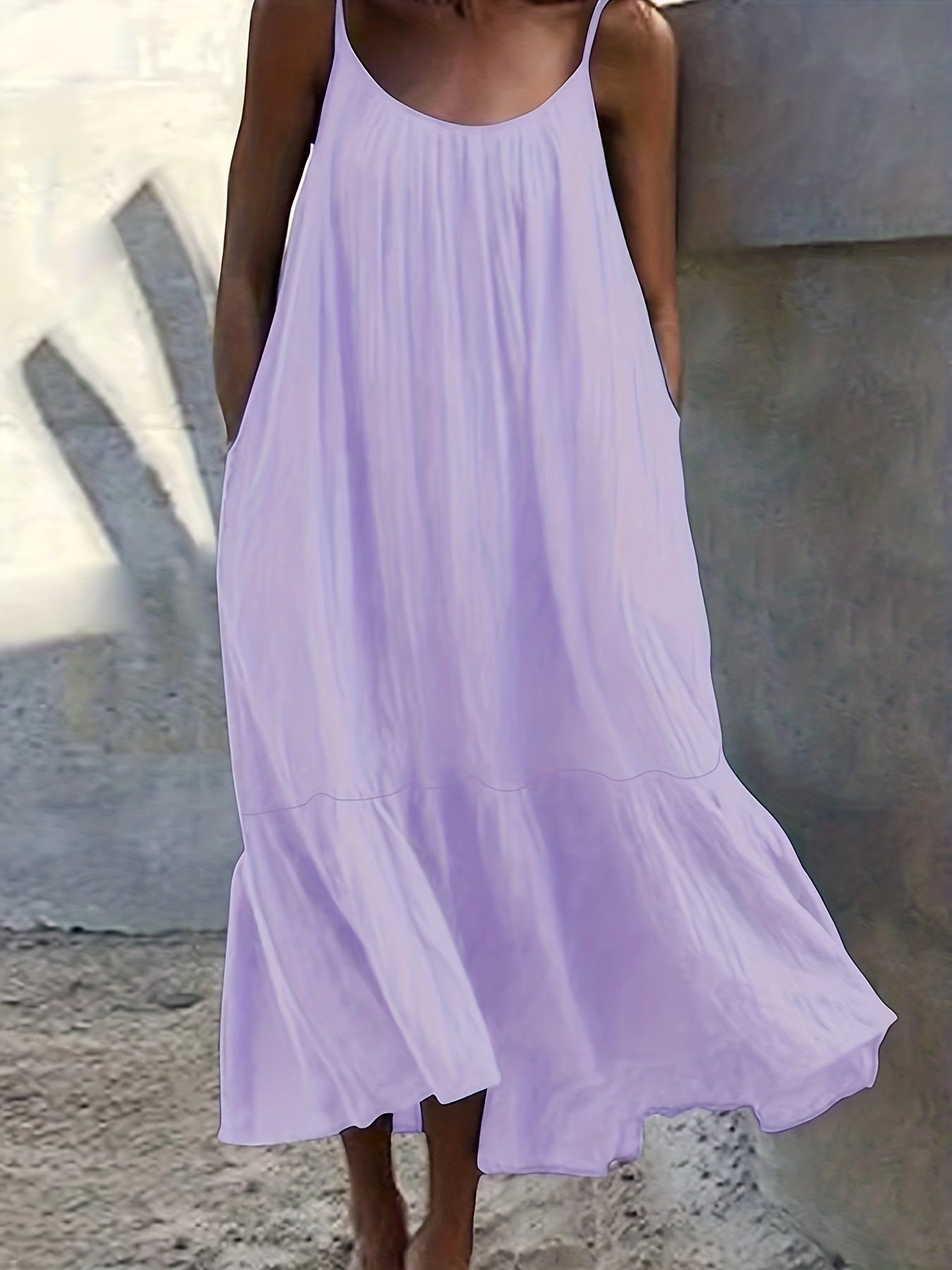  Solid Ruffle Trim Maxi Cami Dress