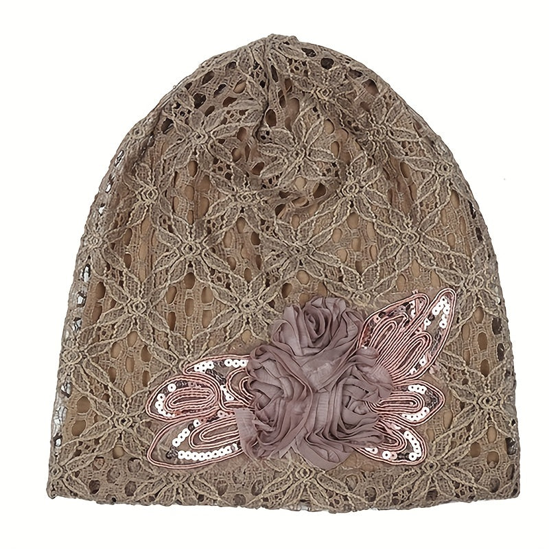 Flower Decor Lace Beanie Solid Turban Hat Lightweight Chemo Cap
