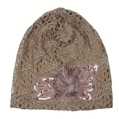 Flower Decor Lace Beanie Solid Turban Hat Lightweight Chemo Cap