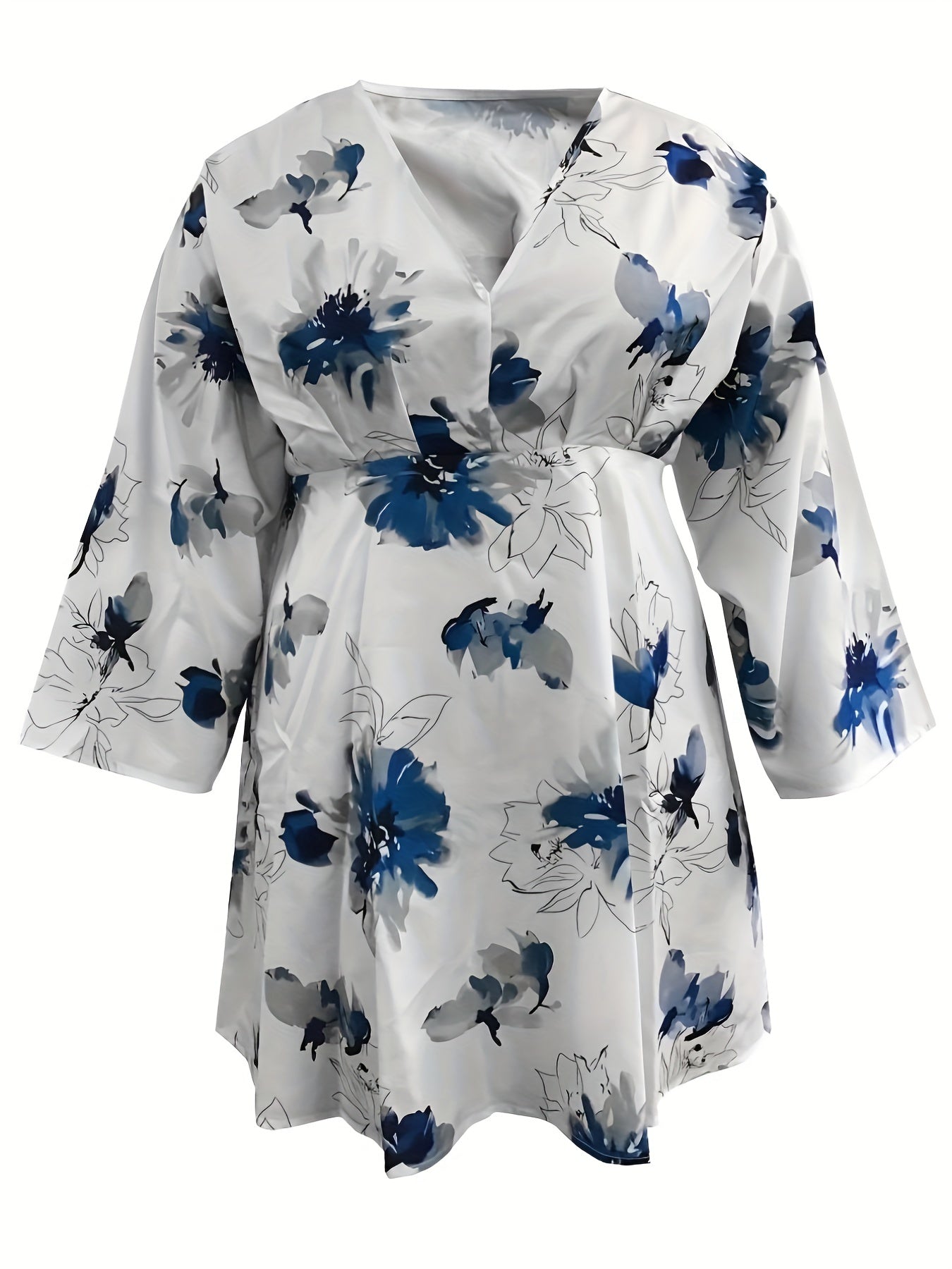  Floral Print V Neck Loose Fit Mini Dress