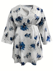  Floral Print V Neck Loose Fit Mini Dress