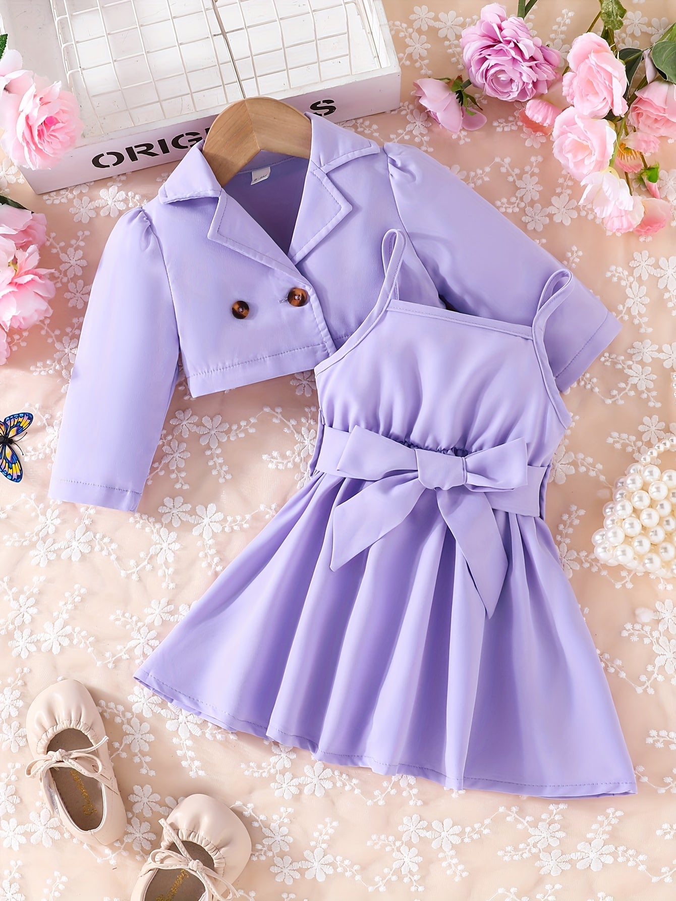 Baby Girl's 2pcs Set Lapel Long Sleeve Coat Belted Suspender Skirt Party Outfit
