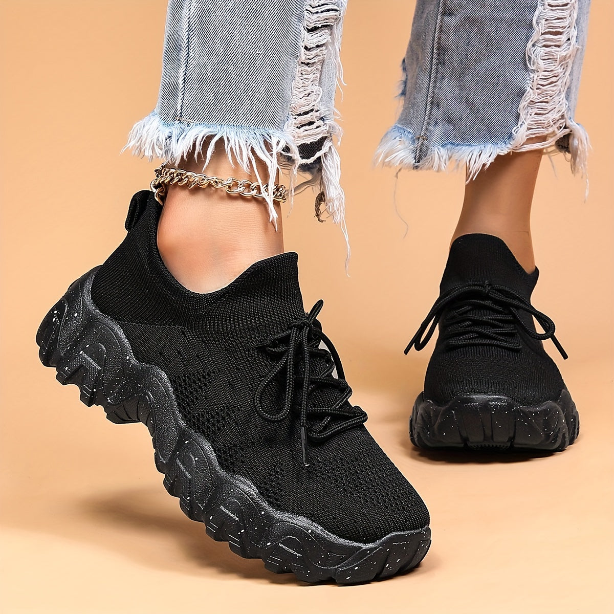 Women's Breathable Knit Sneakers Low Top Lace Up Running Shoes