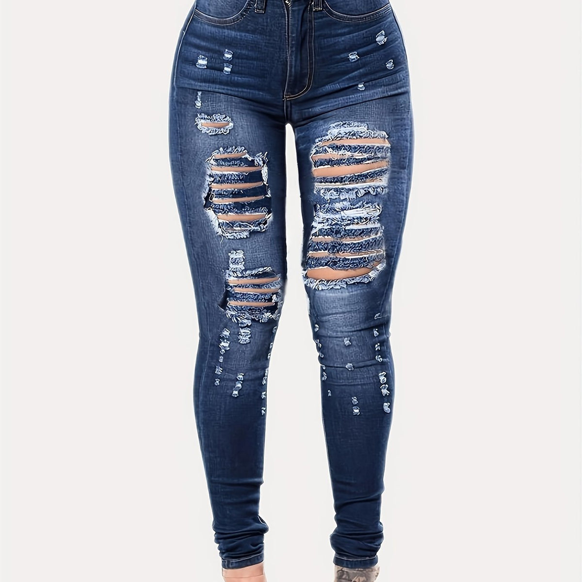 High Waist Ripped Holes Skinny Jeans Distressed Slim Fit Denim Pants
