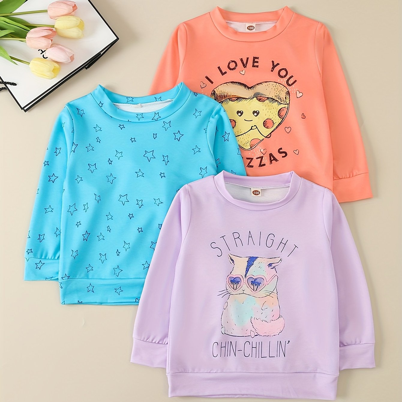 Toddler Girls Cartoon Graphic Sweatshirts - 3 Pack