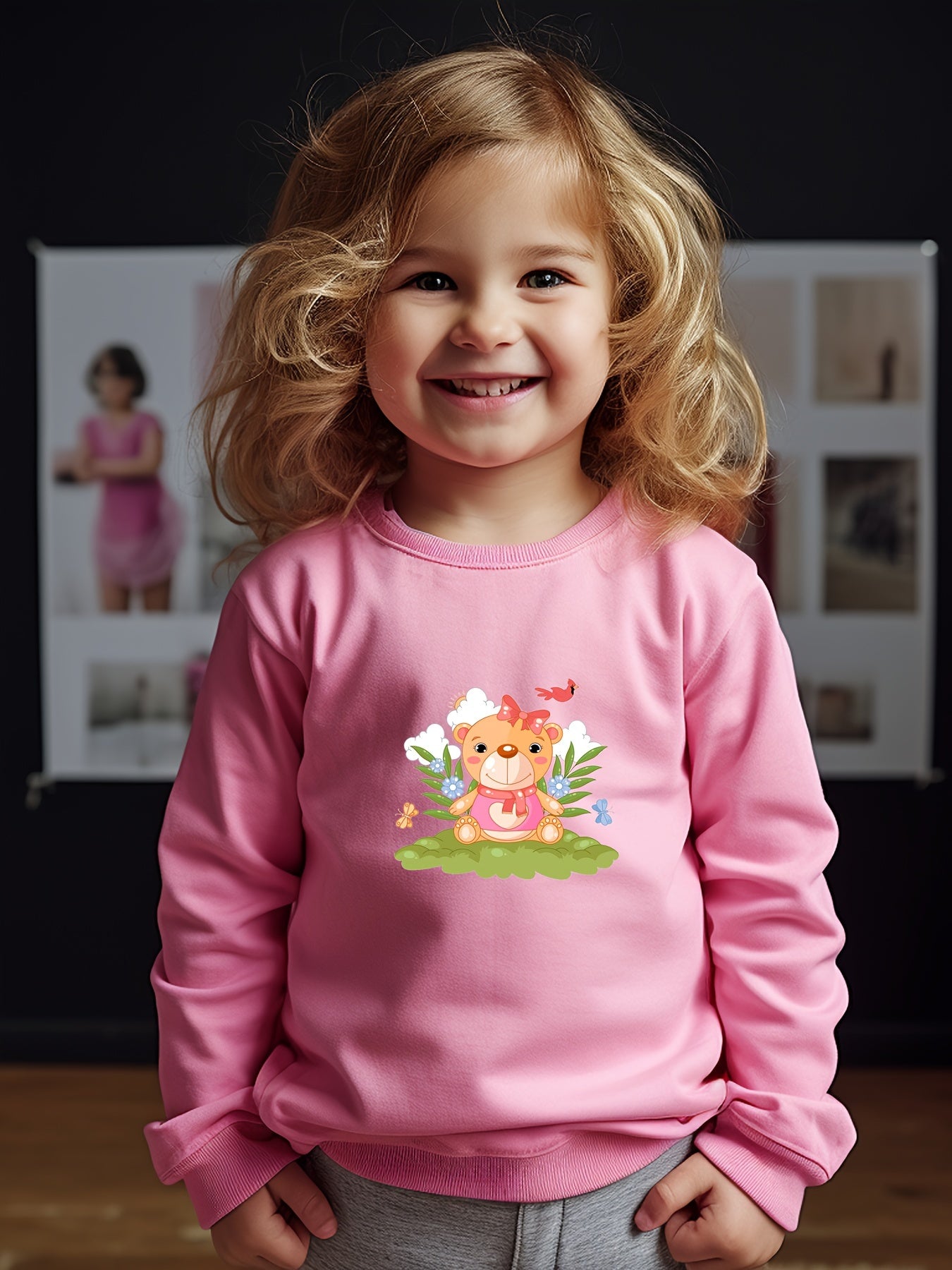 Bear Doll Print Girls Pullover Sweatshirt Long Sleeve Crew Neck Tops