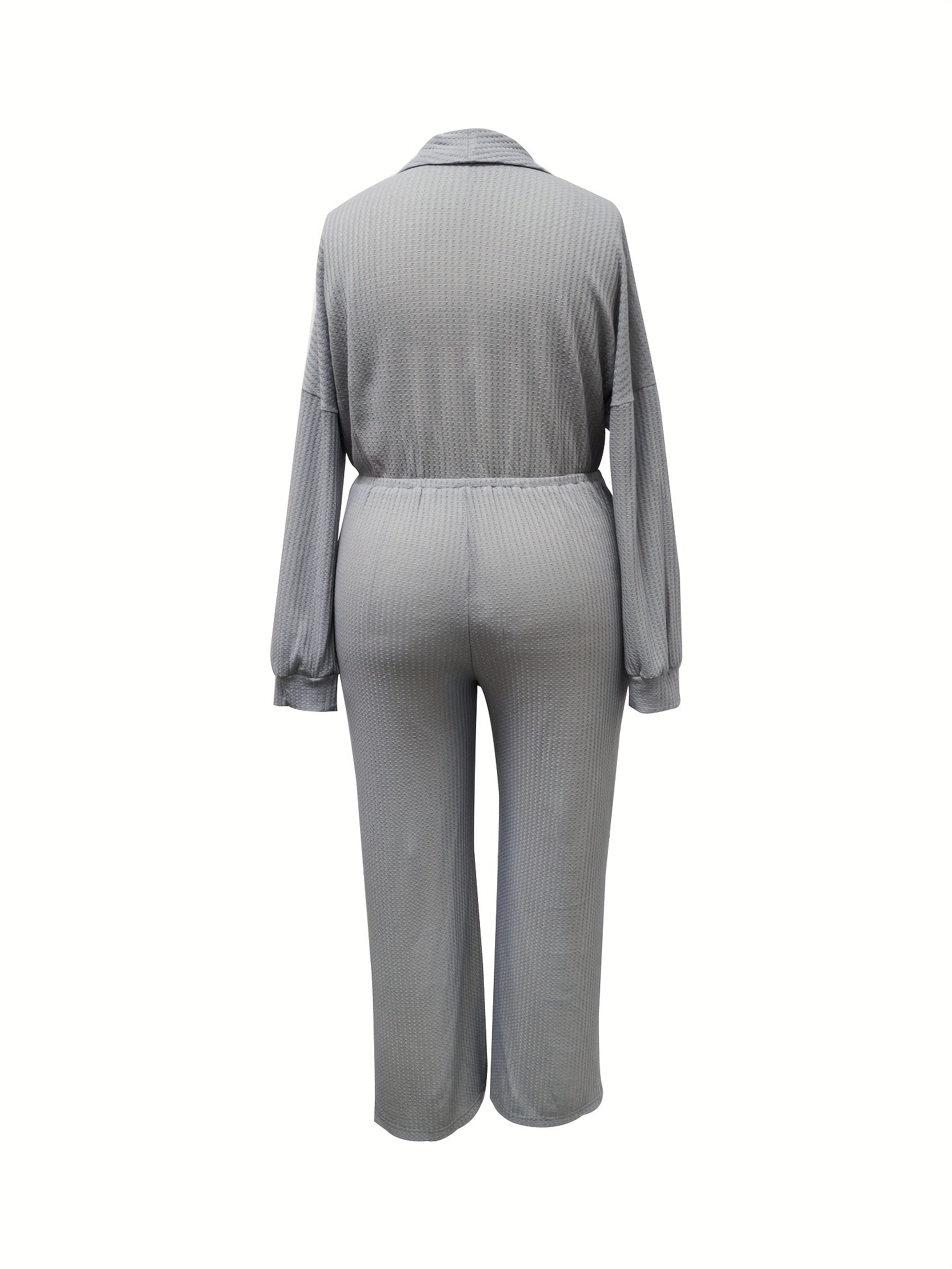  Solid Waffle Pattern Long Sleeve Jumpsuit