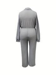  Solid Waffle Pattern Long Sleeve Jumpsuit
