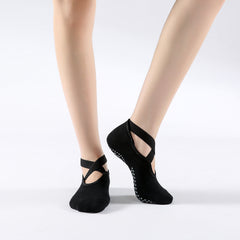 Non Slip Towel Bottom Socks Cross Lace for Yoga Pilates