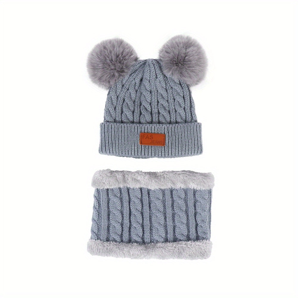 Toddler Winter Pompom Knit Cap Mittens Neck Warmer Set