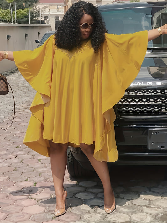  Solid Batwing Sleeve Oversized Asymmetrical Midi Dress