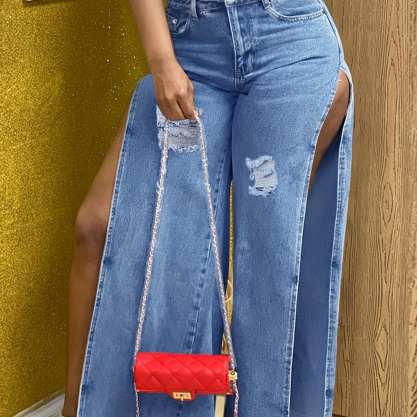 Loose Fit High Rise Denim Pants with Ripped Holes