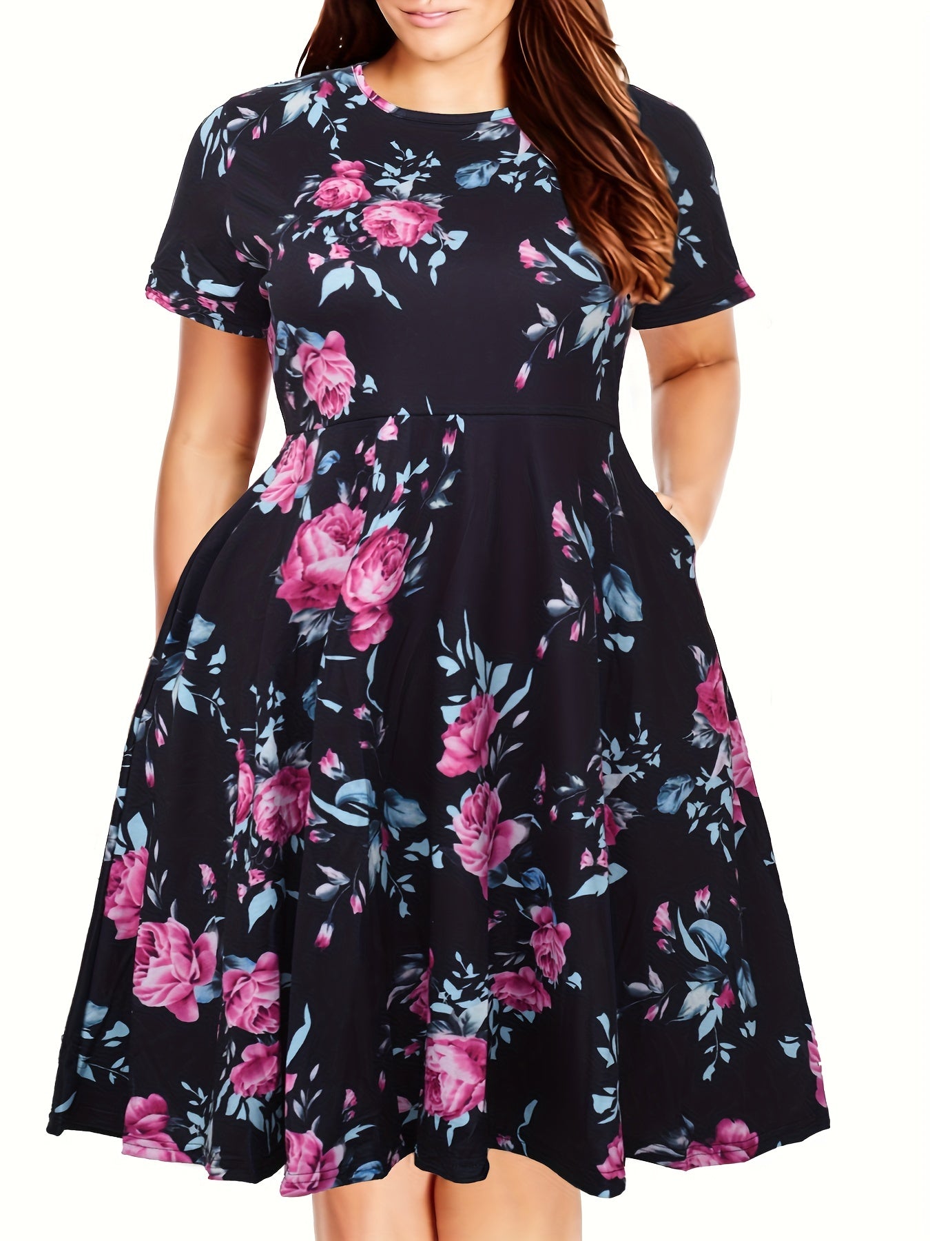  Floral Print Short Sleeve Casual Dress With Pockets