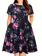 Floral Print Short Sleeve Casual Dress With Pockets