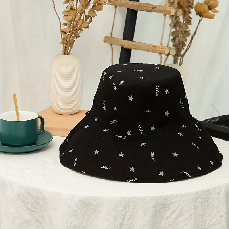 Star Print Bucket Hat Wide Brim Sunshade UV Protection Casual Travel Beach Hats