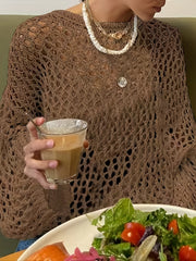 Crochet Cover Up Knitted Top Long Sleeve Sweater For Spring & Summer