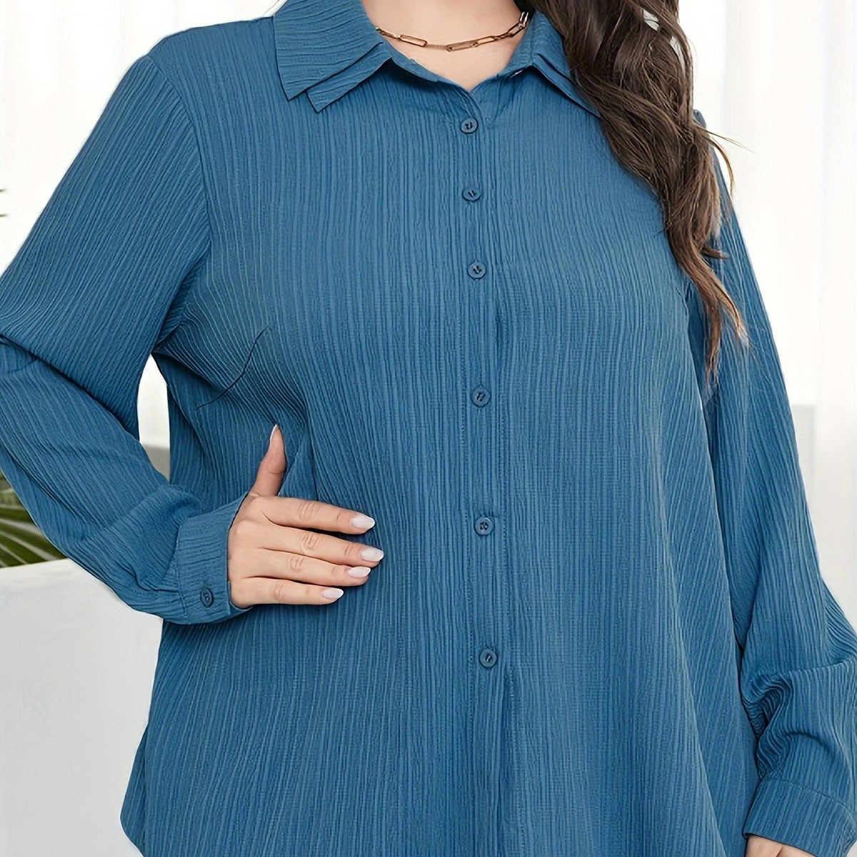  Solid Button Up Long Sleeve Blouse