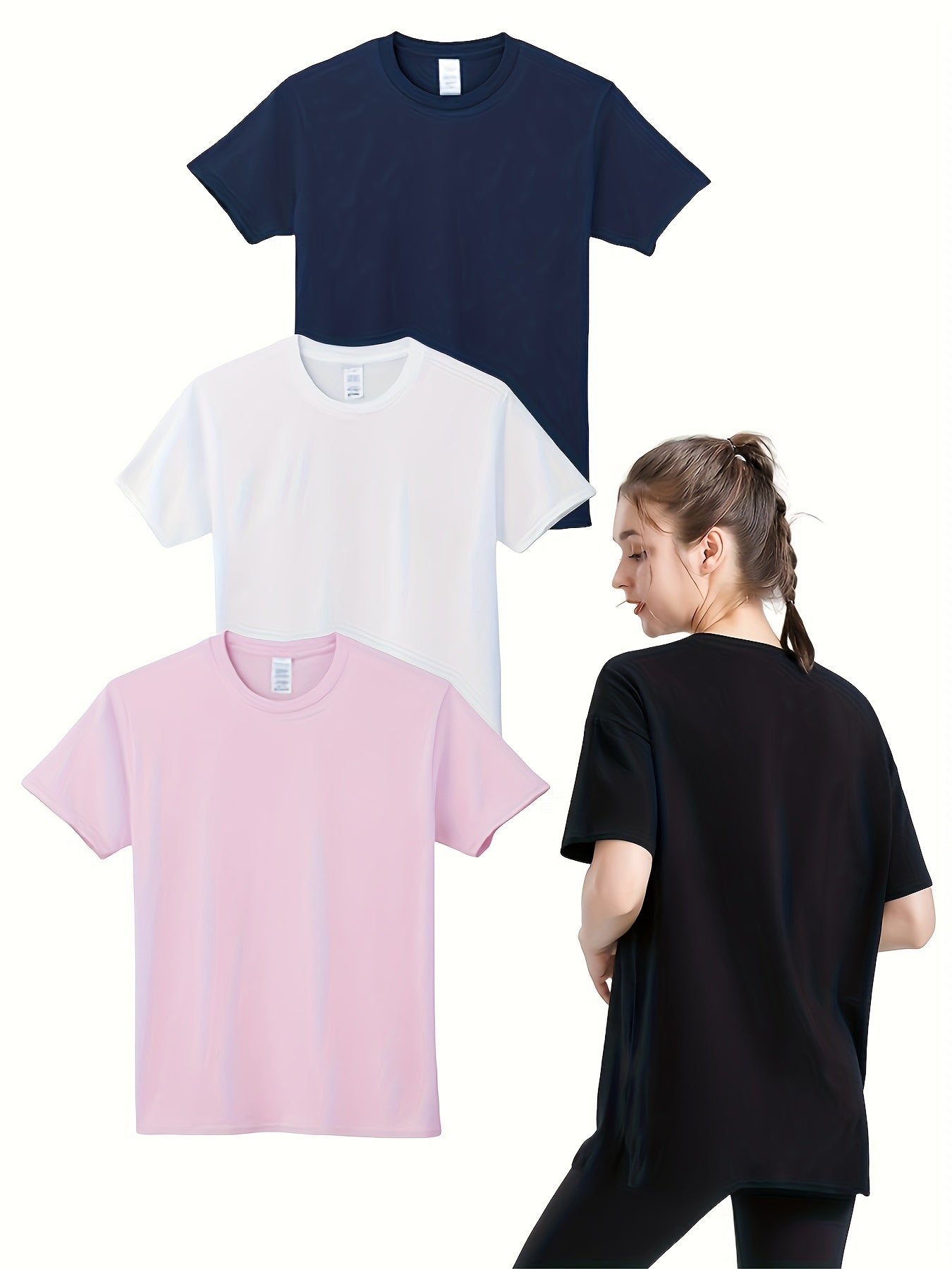 3pcs Women's Solid Round Neck Sports T-shirt