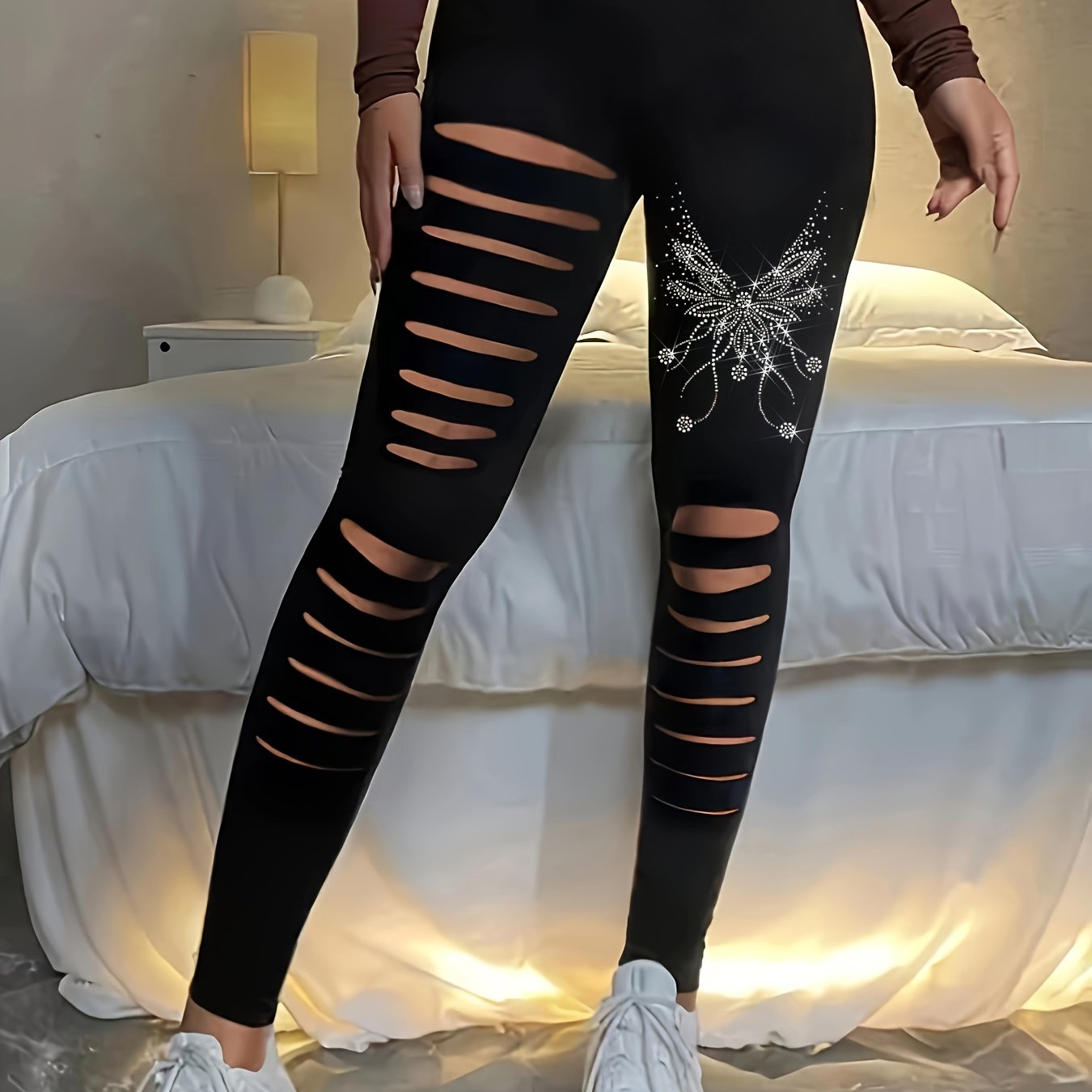  Rhinestone Butterfly Ripped Leggings