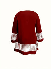  Colorblock Grid Print Bell Sleeve Top & Leggings Set