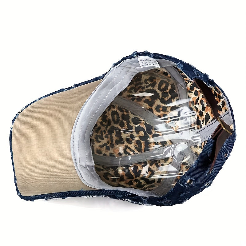 Leopard Rhinestone Denim Baseball Cap with Artificial Diamonds