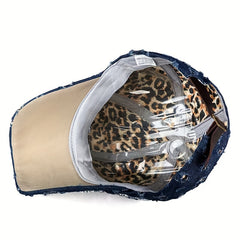 Leopard Rhinestone Denim Baseball Cap with Artificial Diamonds