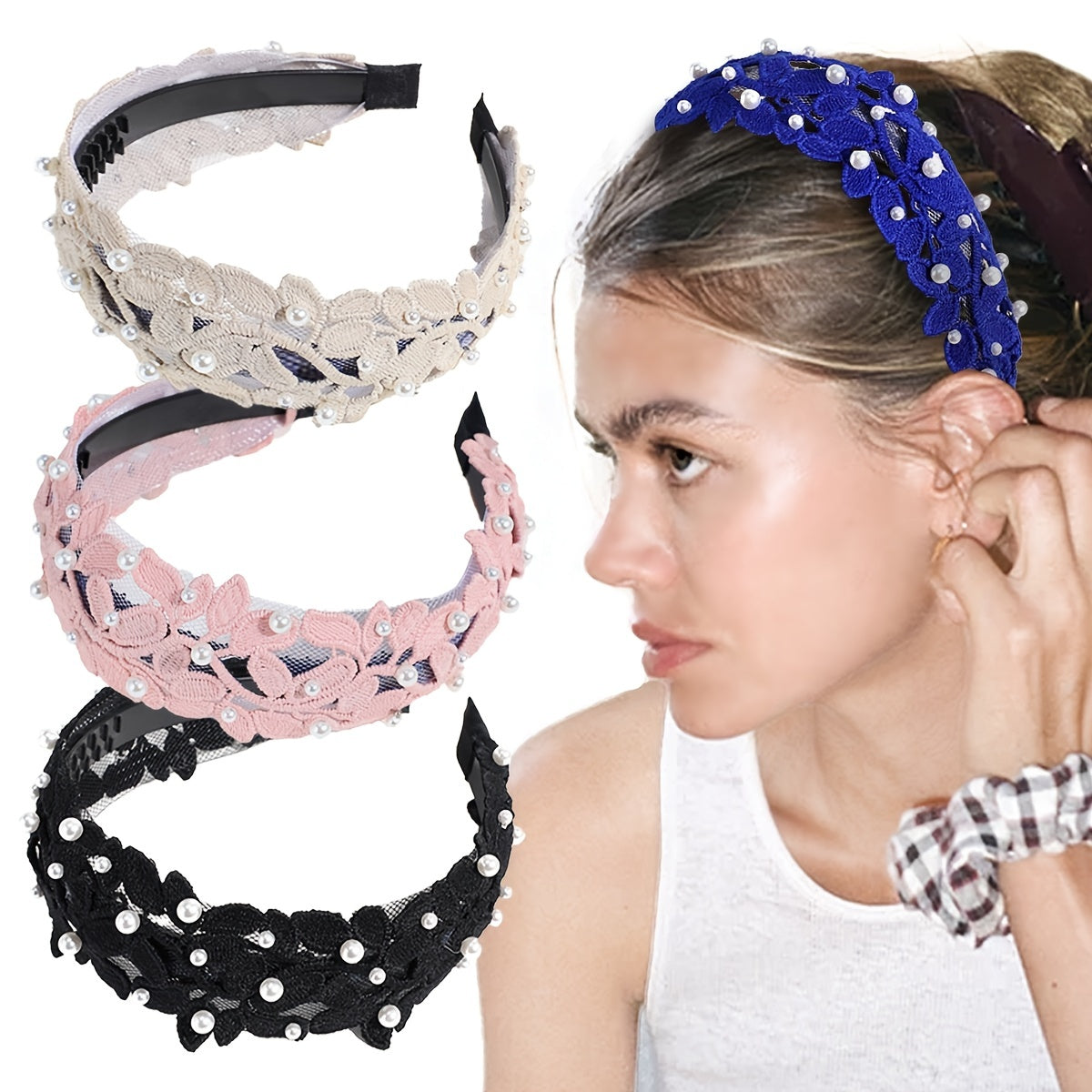Vintage Lace Leaf Faux Pearl Hairband Solid Boho Headband