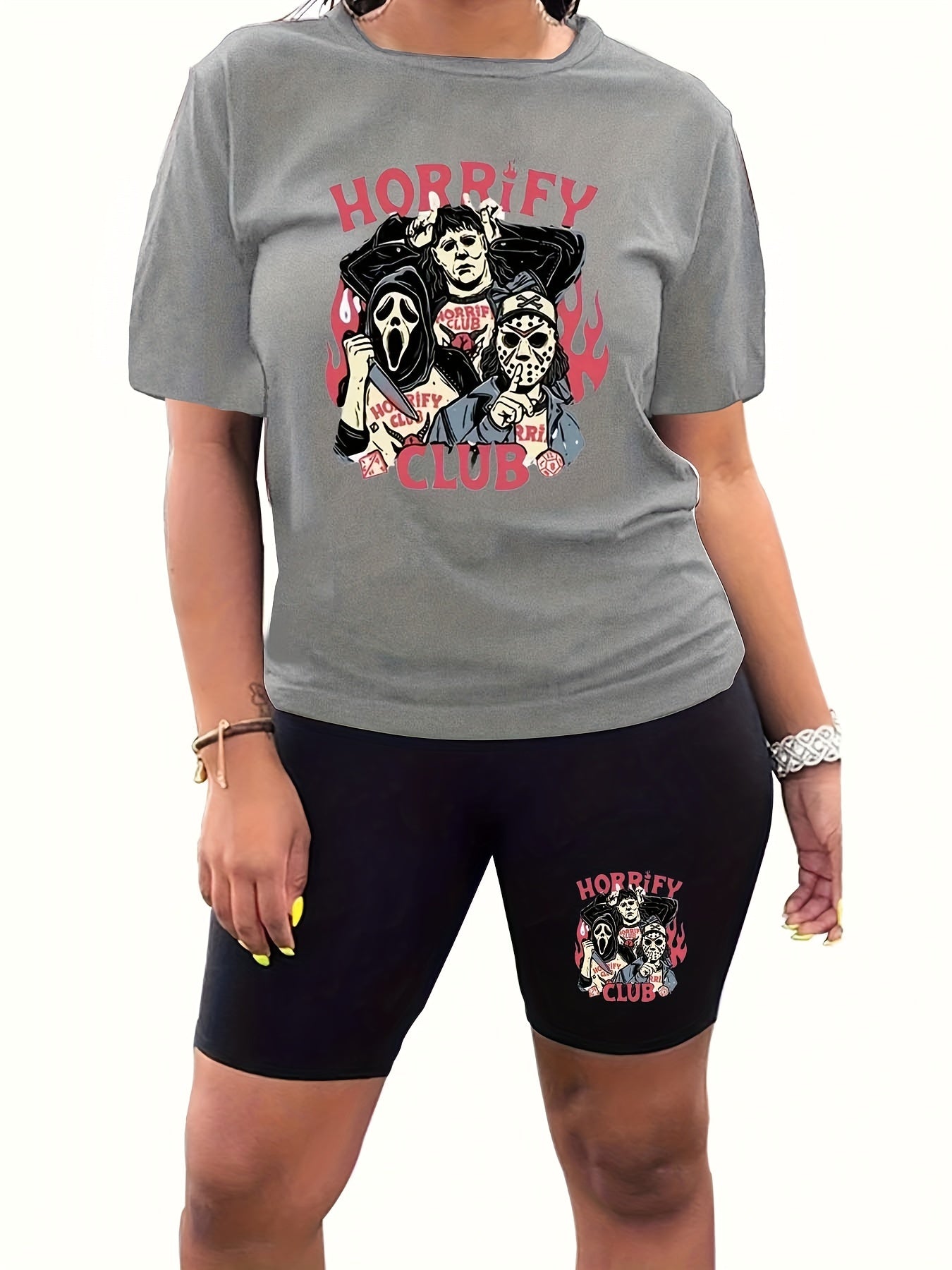  Halloween Casual Outfit - Horror Cartoon Top & Biker Shorts Set