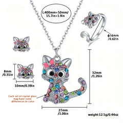 Colorful Rhinestone Cat Jewelry Set - Pendant Necklace & Earrings & Ring