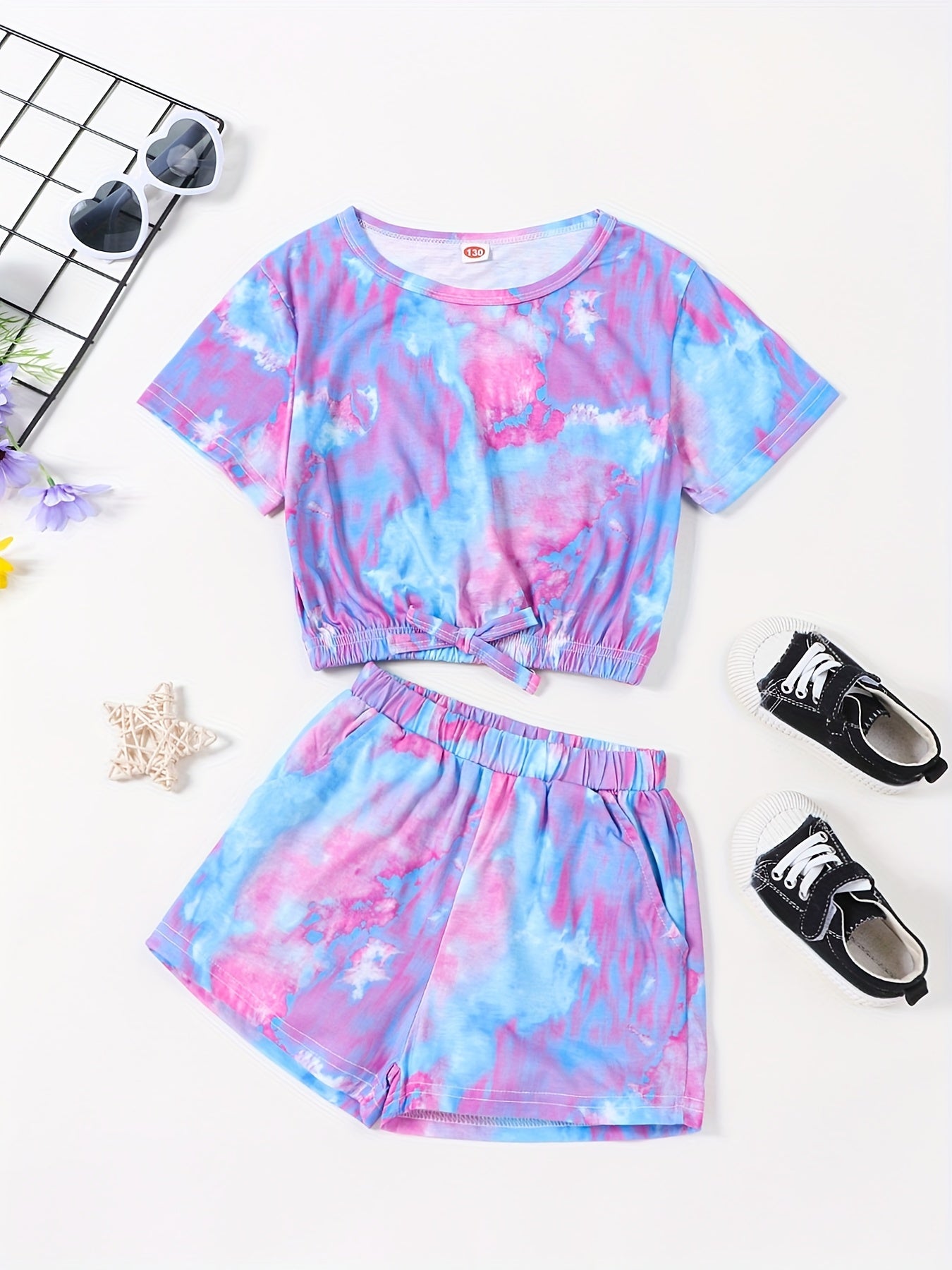 2pcs Toddler Girls Tie Dye Bow T Shirts & Shorts Set Kids Summer Clothes