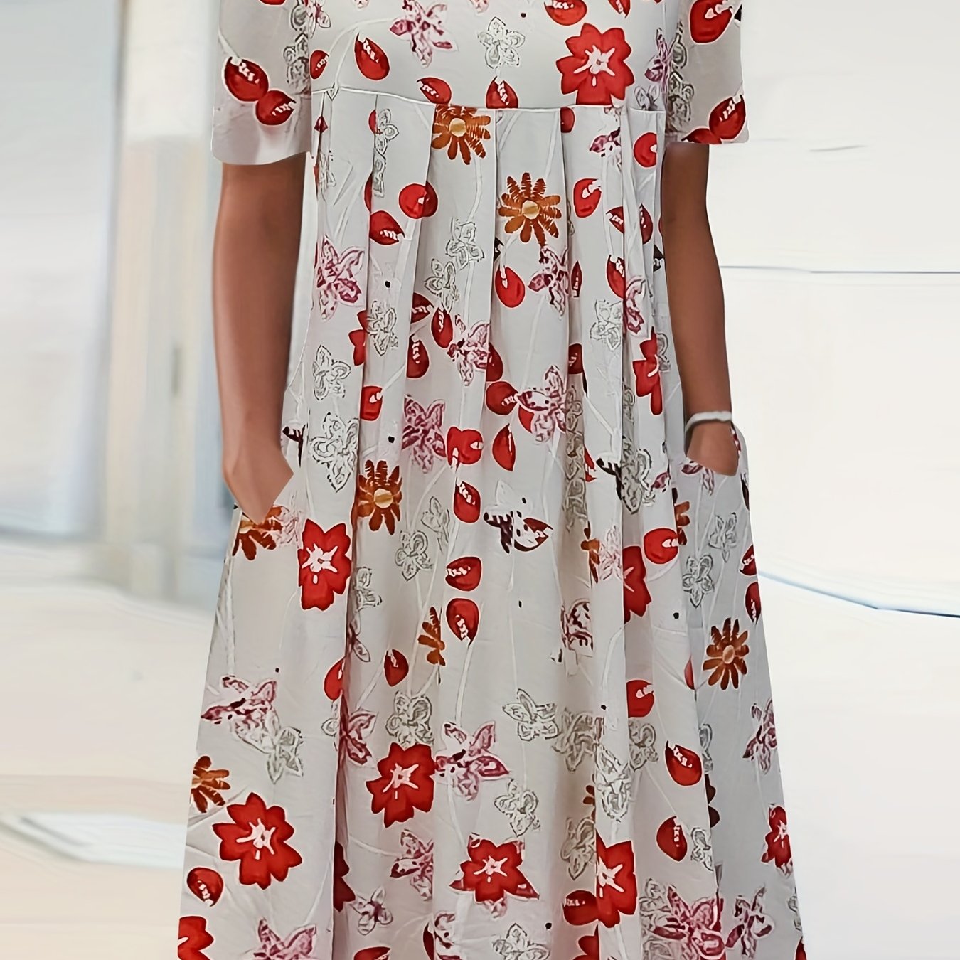 Floral Print Short Sleeve Plus Size Casual Dress with Pockets