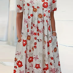 Floral Print Short Sleeve Plus Size Casual Dress with Pockets