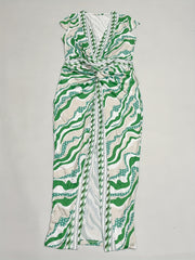  Striped Cap Sleeve Deep V Neck Summer Dress