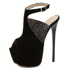 Women's Peep Toe Stiletto Heels Hollow Out Platform Shoes with Rhinestone Decor