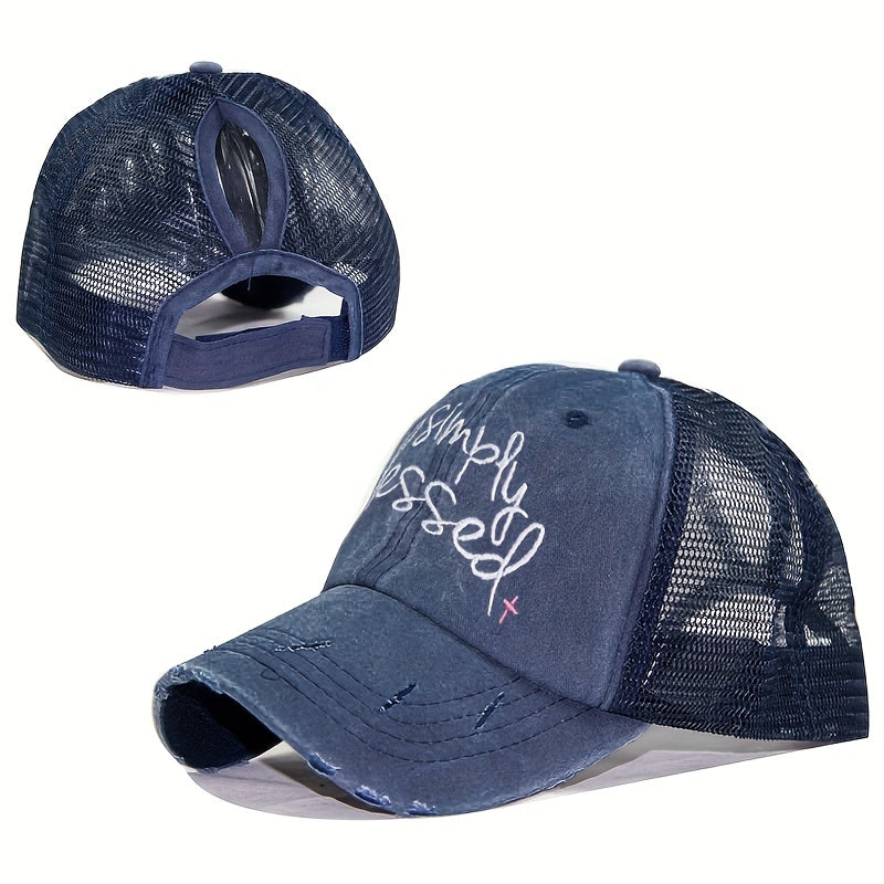 Blessed Ponytail Trucker Hat Embroidered Ripped Washed Distressed Baseball Cap