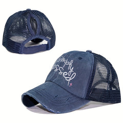Blessed Ponytail Trucker Hat Embroidered Ripped Washed Distressed Baseball Cap