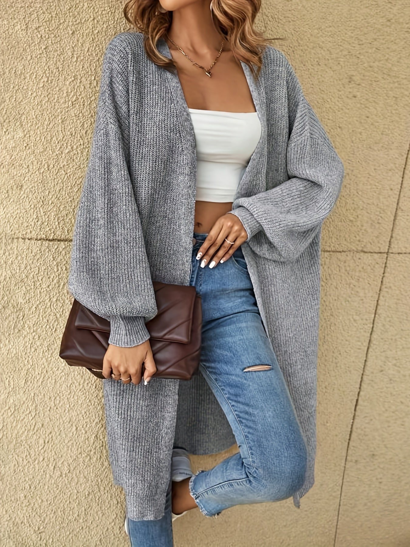 Long Length Knit Cardigan Open Front Long Sleeve