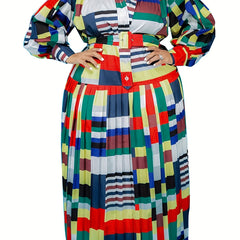  Colorblock Lantern Sleeve Maxi Dress