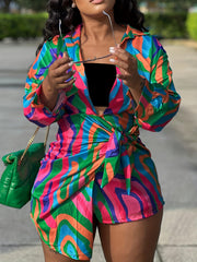  Abstract Print Lantern Sleeve Knot Dress