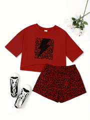  Leopard & Lightning Print Crop Top & Shorts Pajama Set