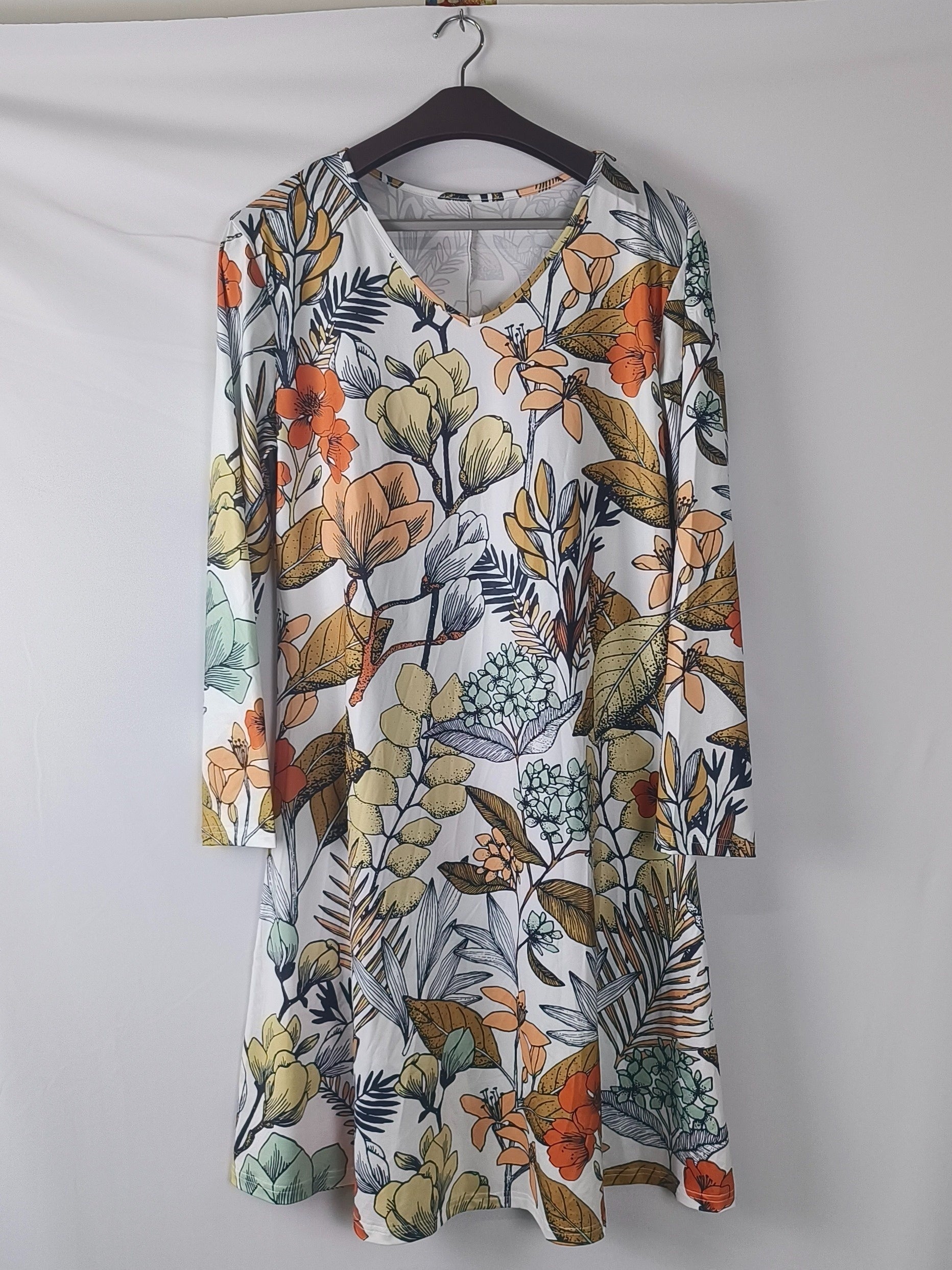  Casual Dress Women's Allover Print Long Sleeve V Neck Mini Dress