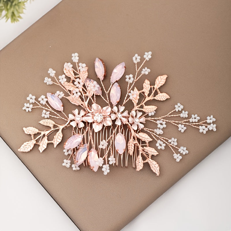 Rose Gold Hair Comb Crystal Floral Leaf Bridal Wedding Headpiece
