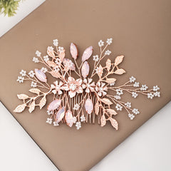 Rose Gold Hair Comb Crystal Floral Leaf Bridal Wedding Headpiece