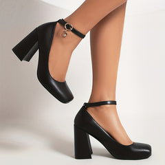 Women's Pig Nose Square Toe Block Heels Work Pumps