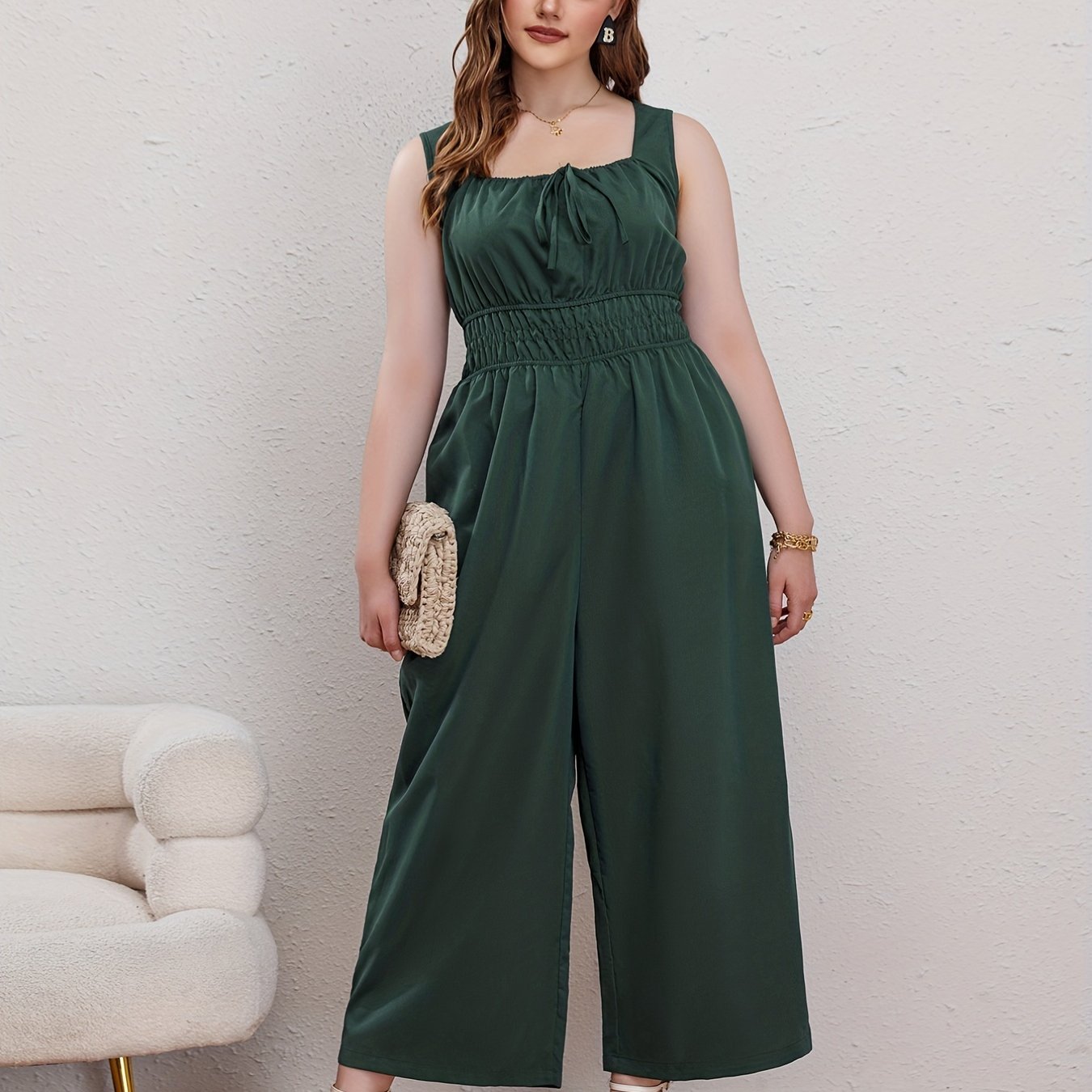  Jumpsuit Tie Front Nipped Waist Square Neck Wide Leg Tank Jumpsuit