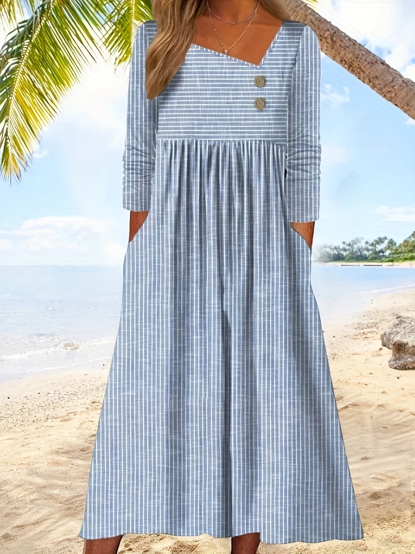  Stripe Print Button Decor Maxi Dress