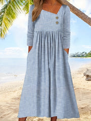  Stripe Print Button Decor Maxi Dress